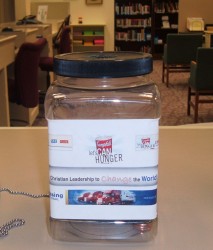 Please donate your loose change for the food bank.